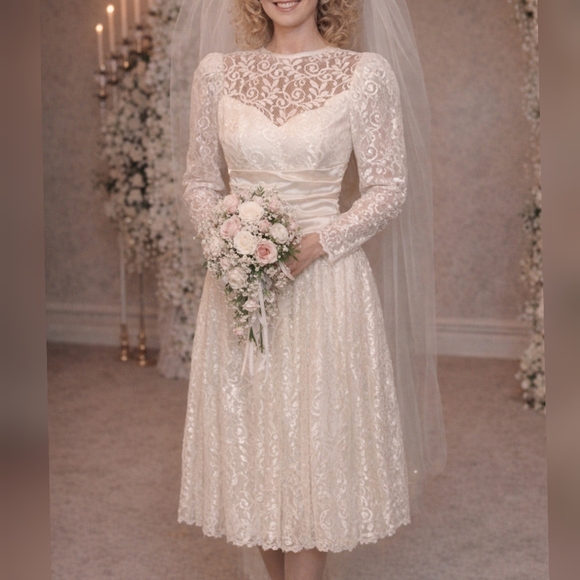 Source Unknown Dresses & Skirts - Unbranded Vintage 80s Ivory Short Lace Wedding Dress size 7/8